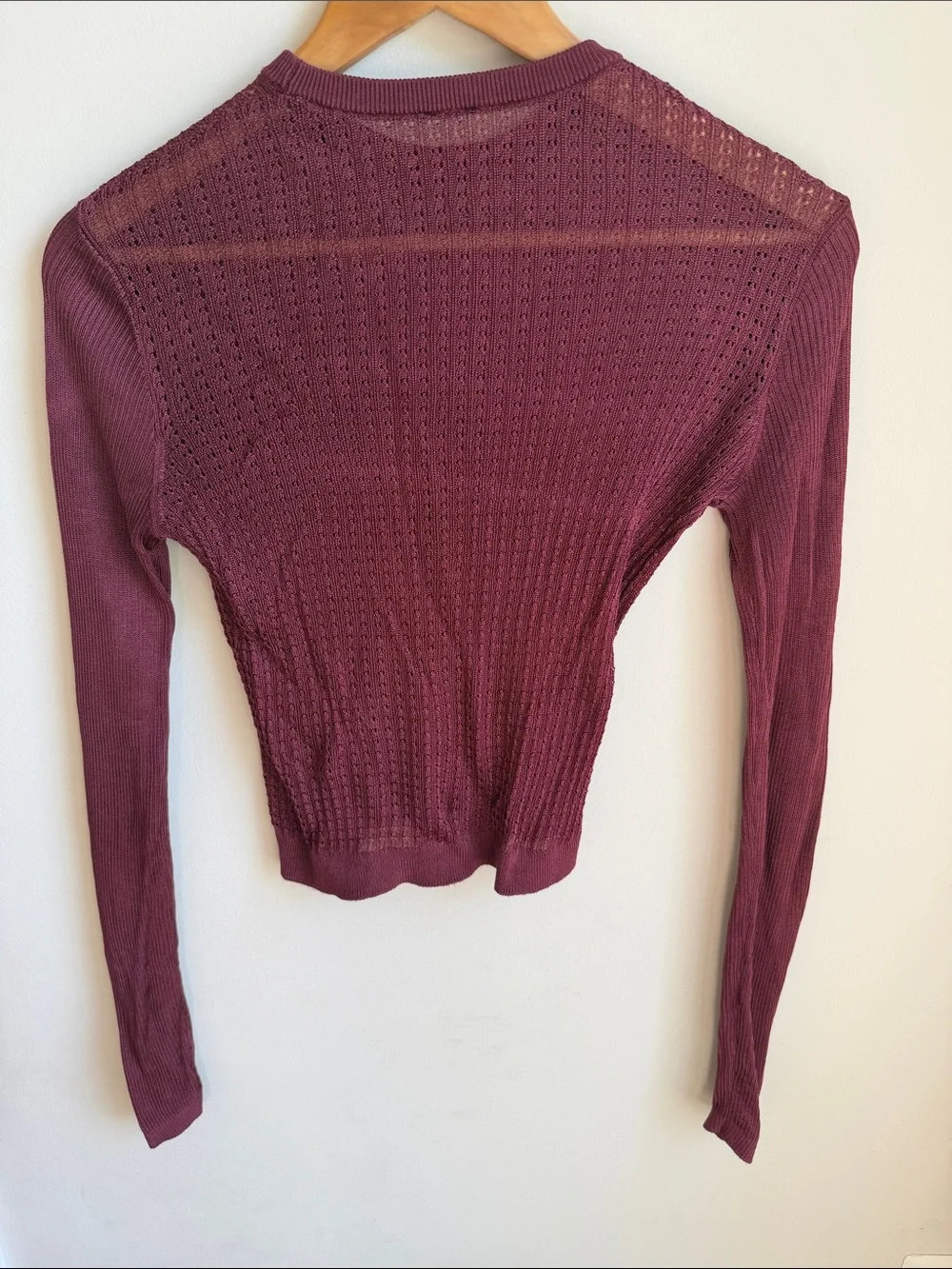 Free People Sheer Knit Linen Type Long Sleeve Crop Micro Top Maroon